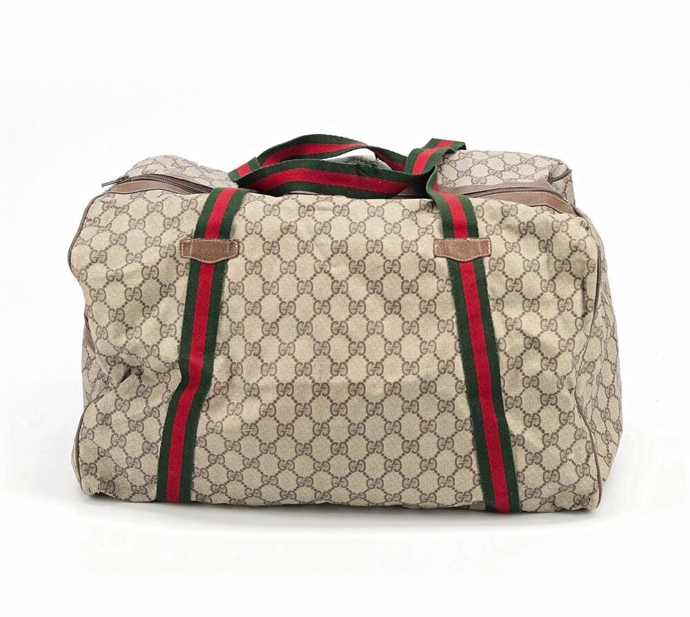 Gucci GG Monogram Canvas Duffle Bag Beige Green/Red Web Stripe Zip 19-22"